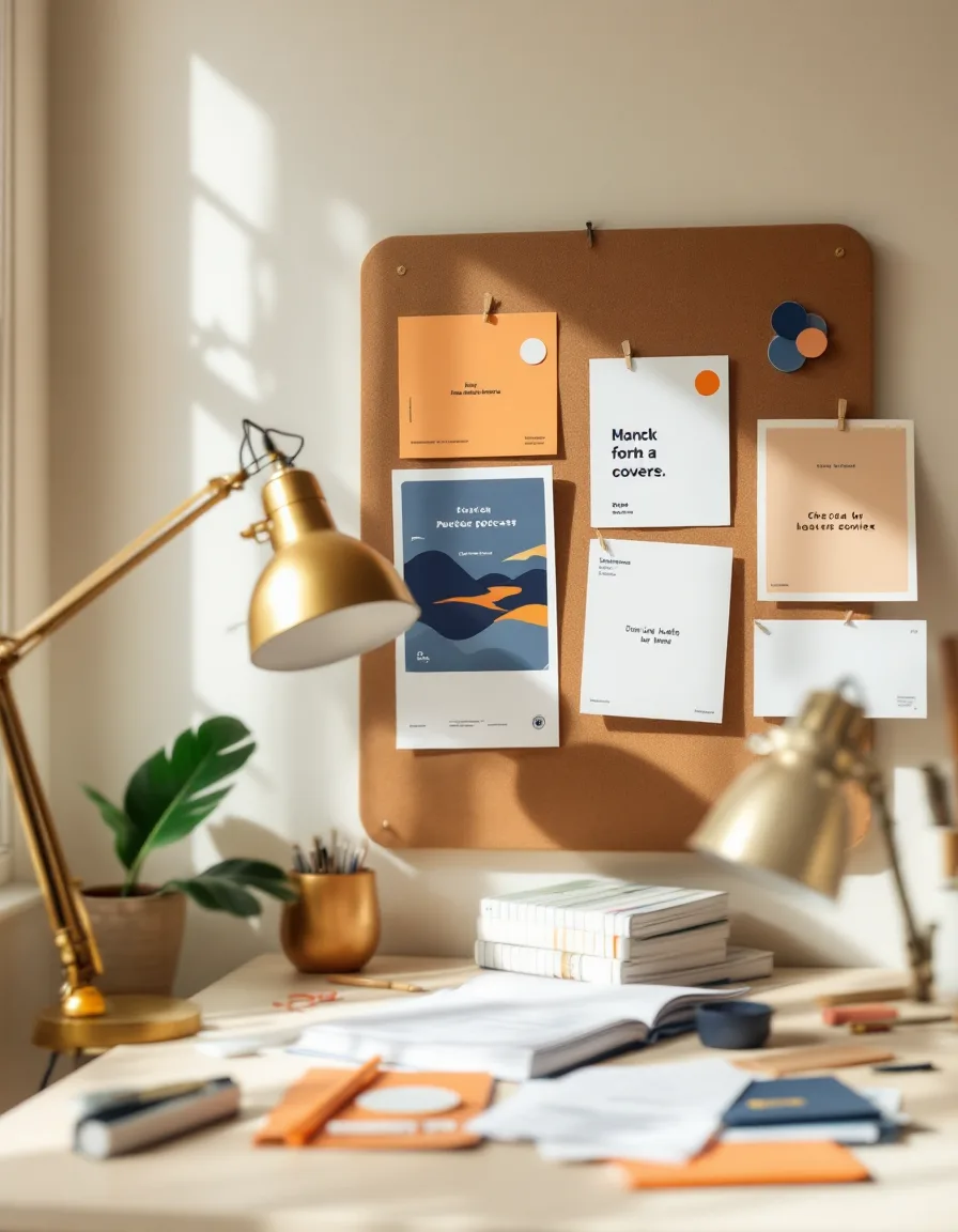 River Lantern's workbench with printed cover proofs pinned up in warm morning light